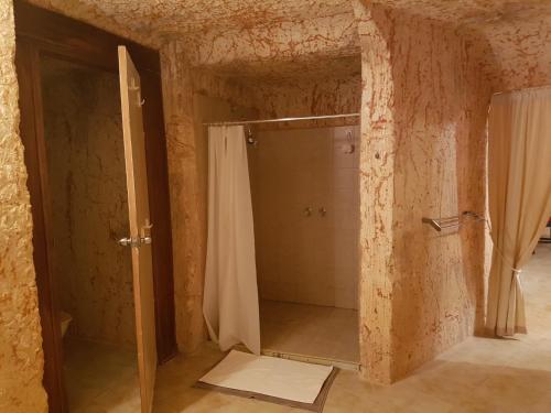 a bathroom with a shower with a glass door at Underground Gem in Coober Pedy