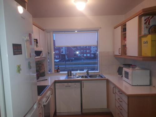 a small kitchen with a sink and a window at Comfortable Bedrooms - King size beds in Hafnarfjördur