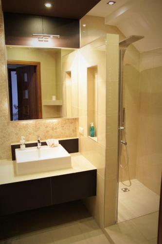 a bathroom with a sink and a shower at Apartament Aesthetic in Tychy