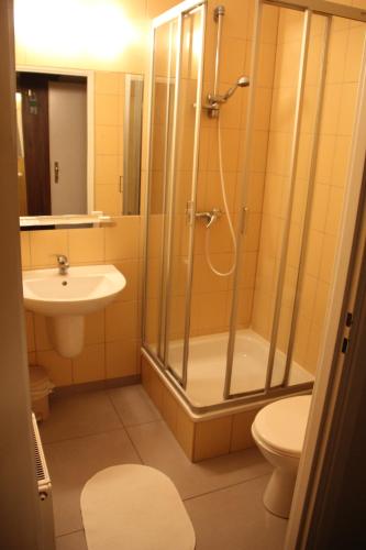 a bathroom with a shower and a toilet and a sink at hostel leśny in Sopot