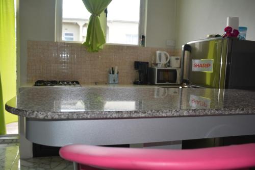 a kitchen with a counter with a stove and a refrigerator at Ashmara Villa & Studio in Flic-en-Flac