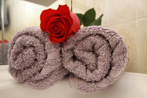 a red rose is sitting on top of a towel at Haus Schöne Aussicht in Berwang