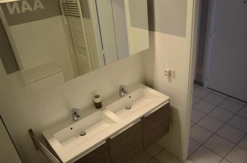 een badkamer met een wastafel en een spiegel bij Oostende Appartement in Oostende