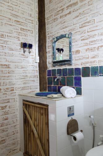 a bathroom with a sink and a mirror and a toilet at Chalés Samadhi in Cunha