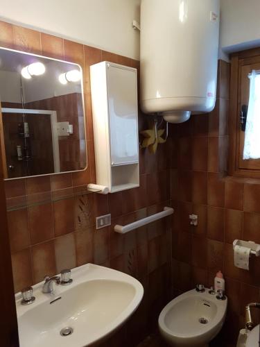a bathroom with a sink and a mirror and a toilet at Appartamento Borgo Rio Muri in Auronzo di Cadore