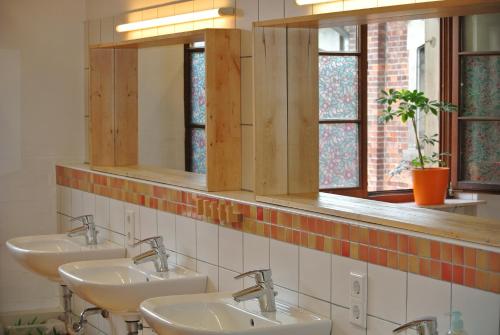 a bathroom with three sinks and two mirrors at Steffis Hostel Heidelberg in Heidelberg