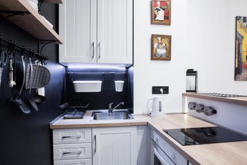 a small kitchen with white cabinets and a sink at Apartment Eugen in Novi Sad