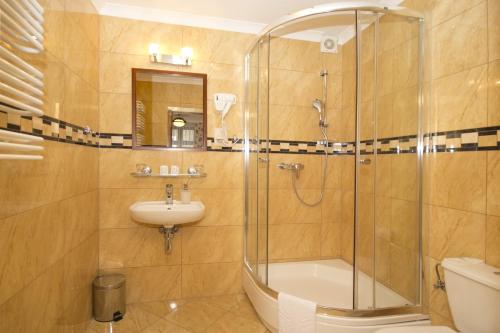 uma casa de banho com um chuveiro, um lavatório e um WC. em Hotel Retman em Toruń