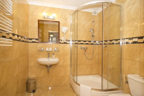 a bathroom with a shower and a sink and a toilet at Hotel Retman in Toruń