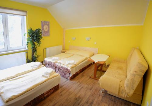 イェセニークにあるPenzion Čertovy Kamenyのベッド3台、ソファ、窓が備わる客室です。
