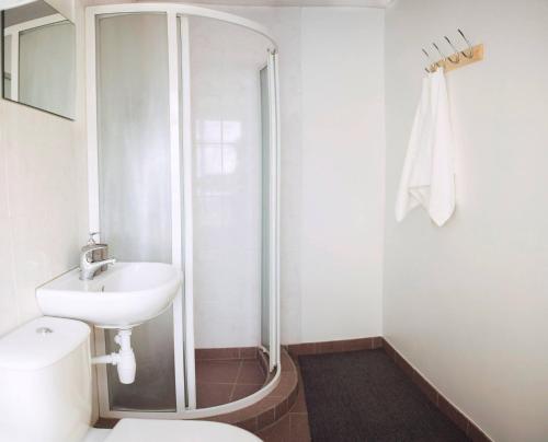 Un baño con ducha, inodoro y lavabo. en Cozy Apt in the Heart of Old Town, en Vilna
