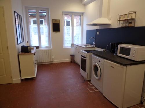 a kitchen with a washing machine and a microwave at les glycines in Cressonsacq