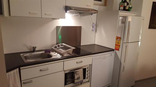a small kitchen with a sink and a refrigerator at Villa Excelsior in Monte Carlo