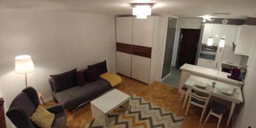 ワルシャワにあるOgrodowa Small Apartmentsのリビングルーム(ソファ、テーブル付)
