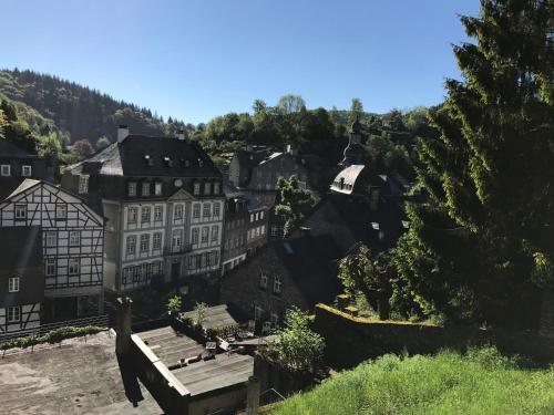 an aerial view of a town with buildings and trees at Eifelerhof hotel Monschau in Monschau