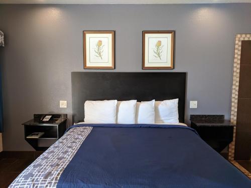 a bed in a hotel room with two pictures on the wall at Americas Best Value Inn - Brownsville in Brownsville