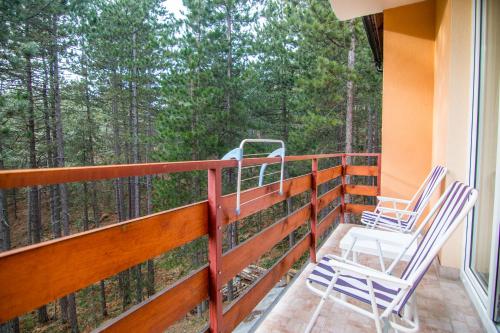 two chairs on a porch with a view of the woods at Mountain House Tara Apartmani Nikolic in Kaludjerske Bare