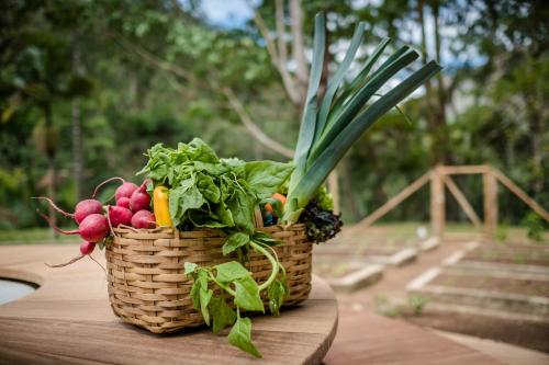 a basket of vegetables sitting on top of a table at Pousada Tankamana in Itaipava