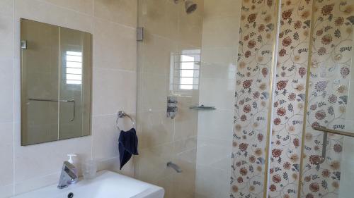 a bathroom with a shower and a sink and a mirror at Elysium Kovalam in Chennai