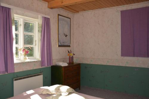 a bedroom with a bed and a dresser and a window at Havehøjegaard in Borre