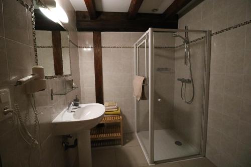 y baño con ducha y lavamanos. en Chambres d'Hôtes S'burehiesel en Schillersdorf