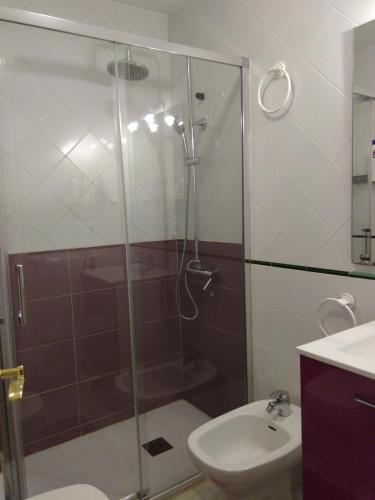 a bathroom with a shower and a toilet and a sink at Apartamento Islantilla in Islantilla