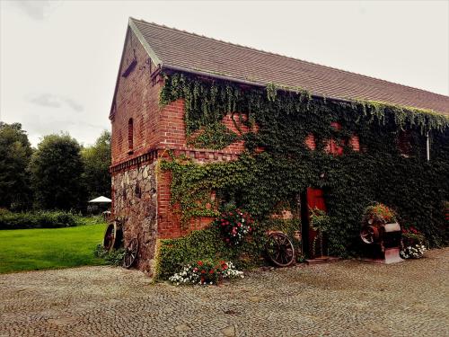 a brick building covered in ivy with bikes parked outside at Leniwka in Świebodzin