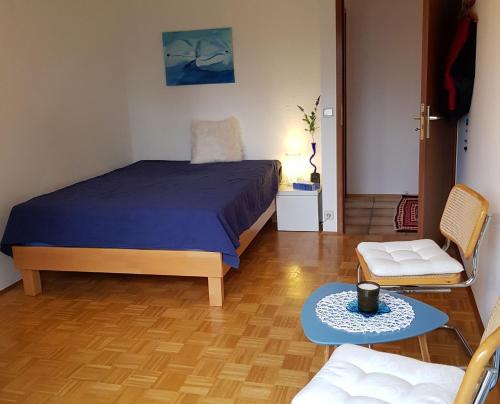 ein Schlafzimmer mit einem Bett, einem Stuhl und einem Tisch in der Unterkunft Ferienwohnung Rosita in Langgöns