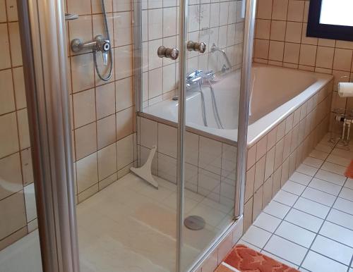 a bathroom with a shower and a tub and a sink at Ferienwohnung Rosita in Langgöns