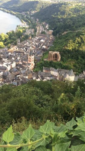 a view of a town from a hill with a city at Zur Fledermaus in Bacharach