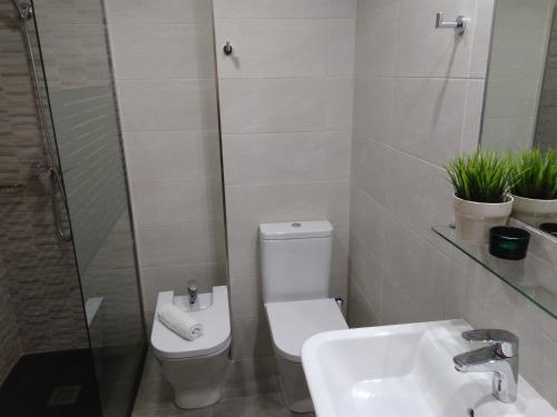 un baño con inodoro y lavabo en Apartamentos SNÖ Edelweiss, en Cerler