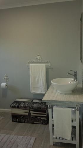 een badkamer met een witte wastafel en een wastafel bij 29 Carissa Street in Somerset West