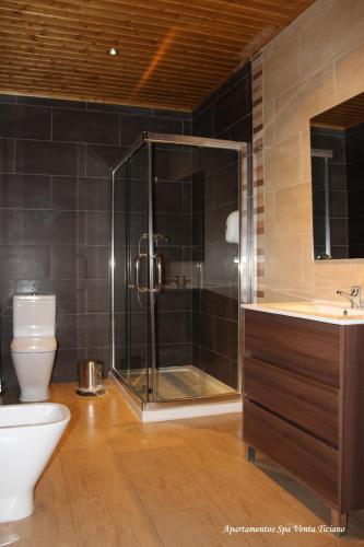 a bathroom with a shower and a toilet and a sink at Hotel Spa Venta Ticiano in Yeste