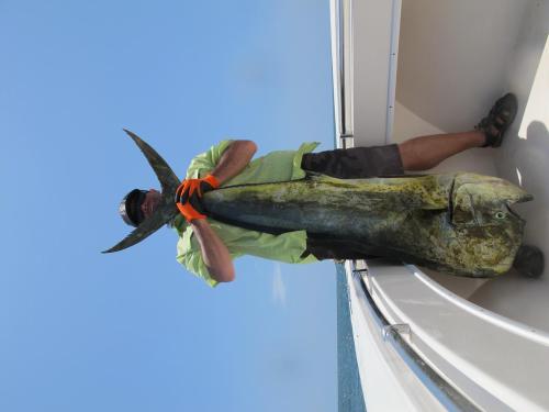 a man is holding a fish on a machine at Casa Lajagua in Pedasí Town