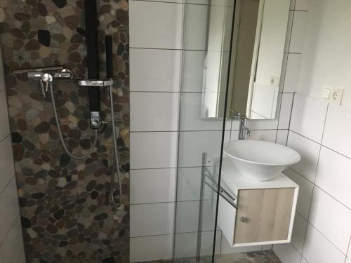 een badkamer met een wastafel en een douche bij Stadtvilla Intzeplatz - Apartment Juist in Remscheid