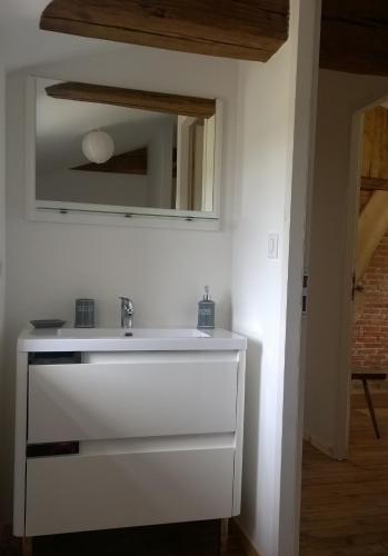 une salle de bain avec un lavabo blanc et un miroir dans l'établissement Gites de la noue, à Vendrennes