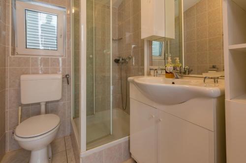 une salle de bain avec toilettes, lavabo et douche dans l'établissement Apartman Zrinko, à Dramalj