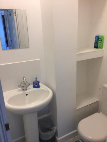 a bathroom with a sink and a toilet and a mirror at 3 BedroomHouse For Corporate Stays in Kettering in Kettering