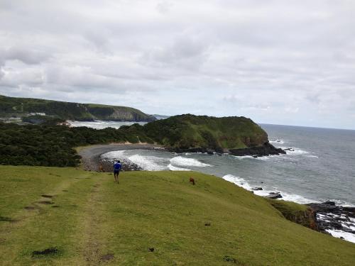 a man walking on a hill near the ocean at Hillside View Guesthouse in Coffee Bay