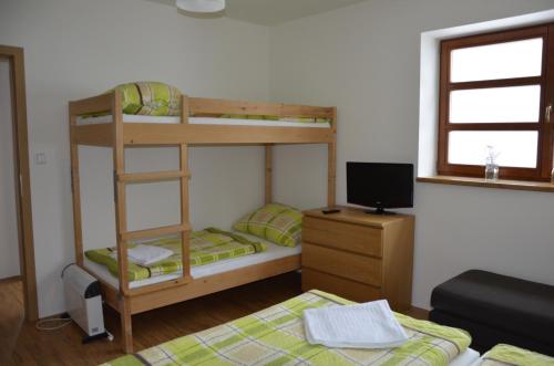 a bedroom with two bunk beds and a television at Apartmán v Srdci Hor Cihlářka in Pec pod Sněžkou