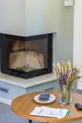 a coffee table with a fireplace in a living room at Philoxenia Villas in Panormos Rethymno