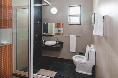a bathroom with a toilet and a sink at Palmeiras Guest House Maputo in Maputo