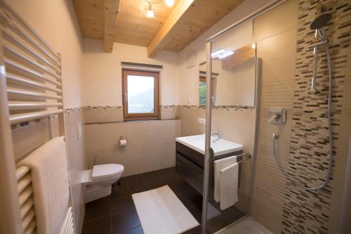 uma casa de banho com um chuveiro, um WC e um lavatório. em Saxlhof em Stanghe