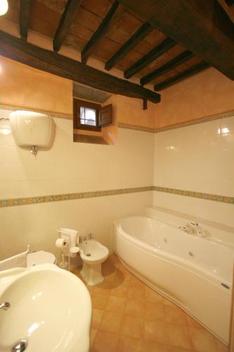 a bathroom with a tub and a toilet and a sink at Villa Il Trebbio in Cortona
