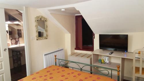 a small room with a bed and a flat screen tv at L'Amphitryon in Coudray