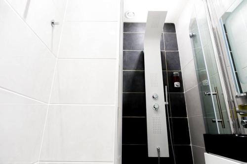 La salle de bains est pourvue d'une douche avec du carrelage noir et blanc. dans l'établissement Studio Gare Metz Côté Cour, à Metz