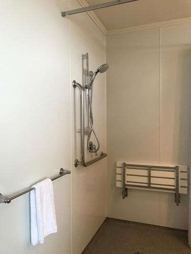 a bathroom with a towel rack and a shower at High Peaks Hotel in Fox Glacier
