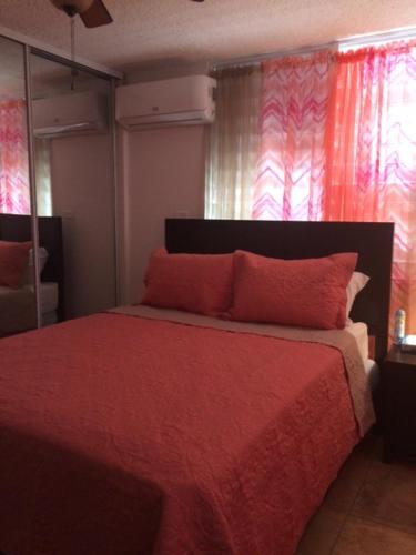 a bedroom with a red bed with red pillows at Luquillo Beach Getaway in Luquillo
