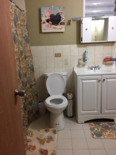 a small bathroom with a toilet and a sink at Luquillo Beach Getaway in Luquillo
