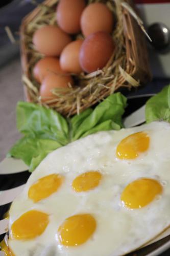 a fried egg on a plate with a basket of eggs at Hotel Fidenza in Fidenza